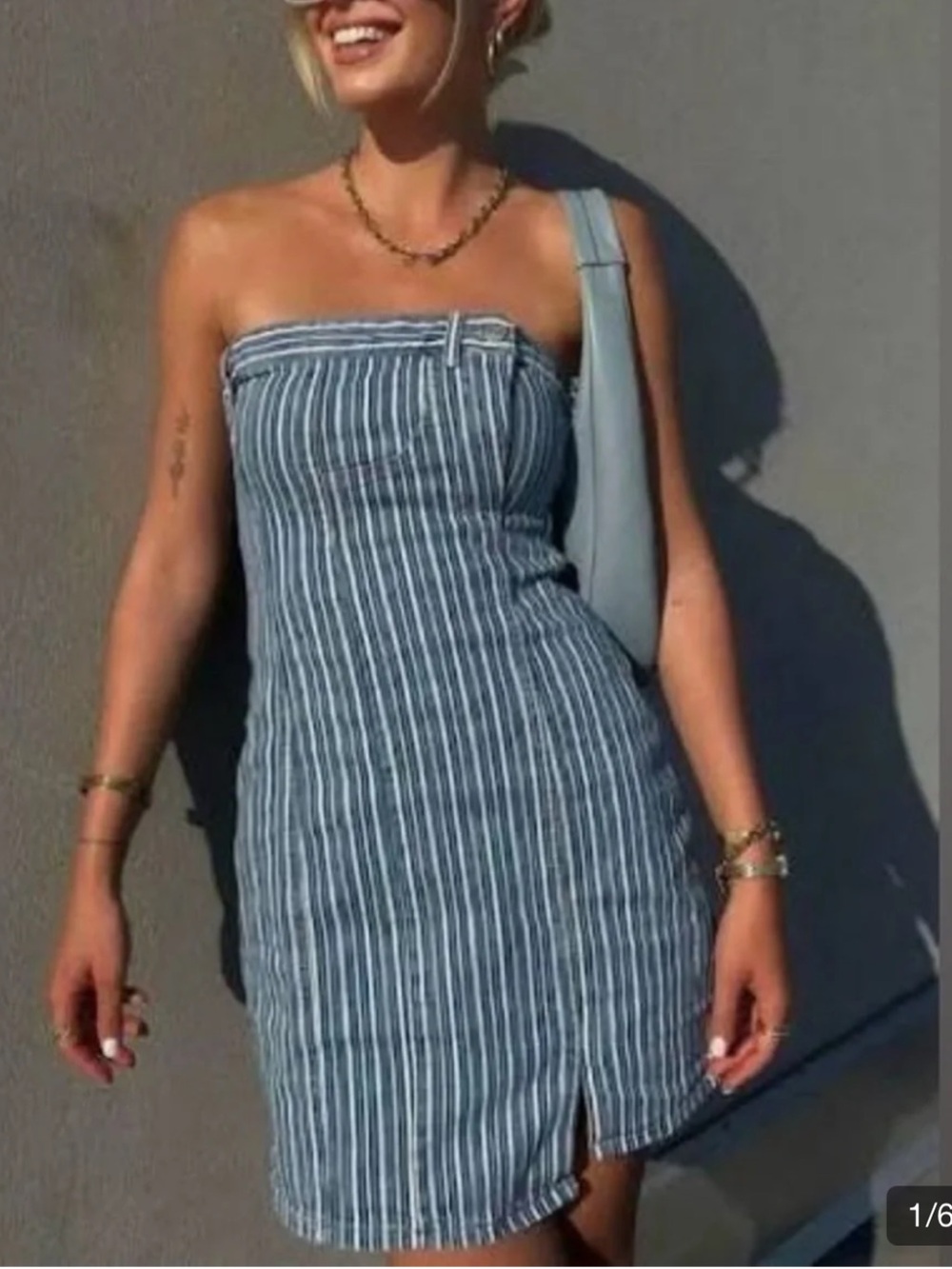 Zara Denim Striped Strapless Mini Dress